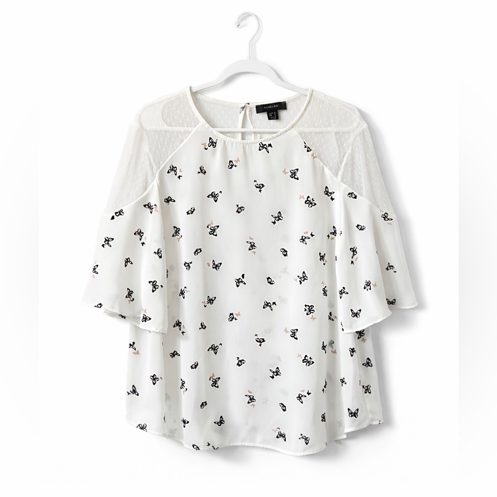 Primark White Butterfly Print Blouse | Size 12 | Sheer Flutter Sleeves